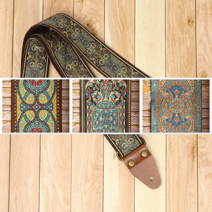 Blue Garden guitar strap featured alongside a collage showing the three Azure Rhapsody designs: Blue Lake, Blue Garden and Blusie.