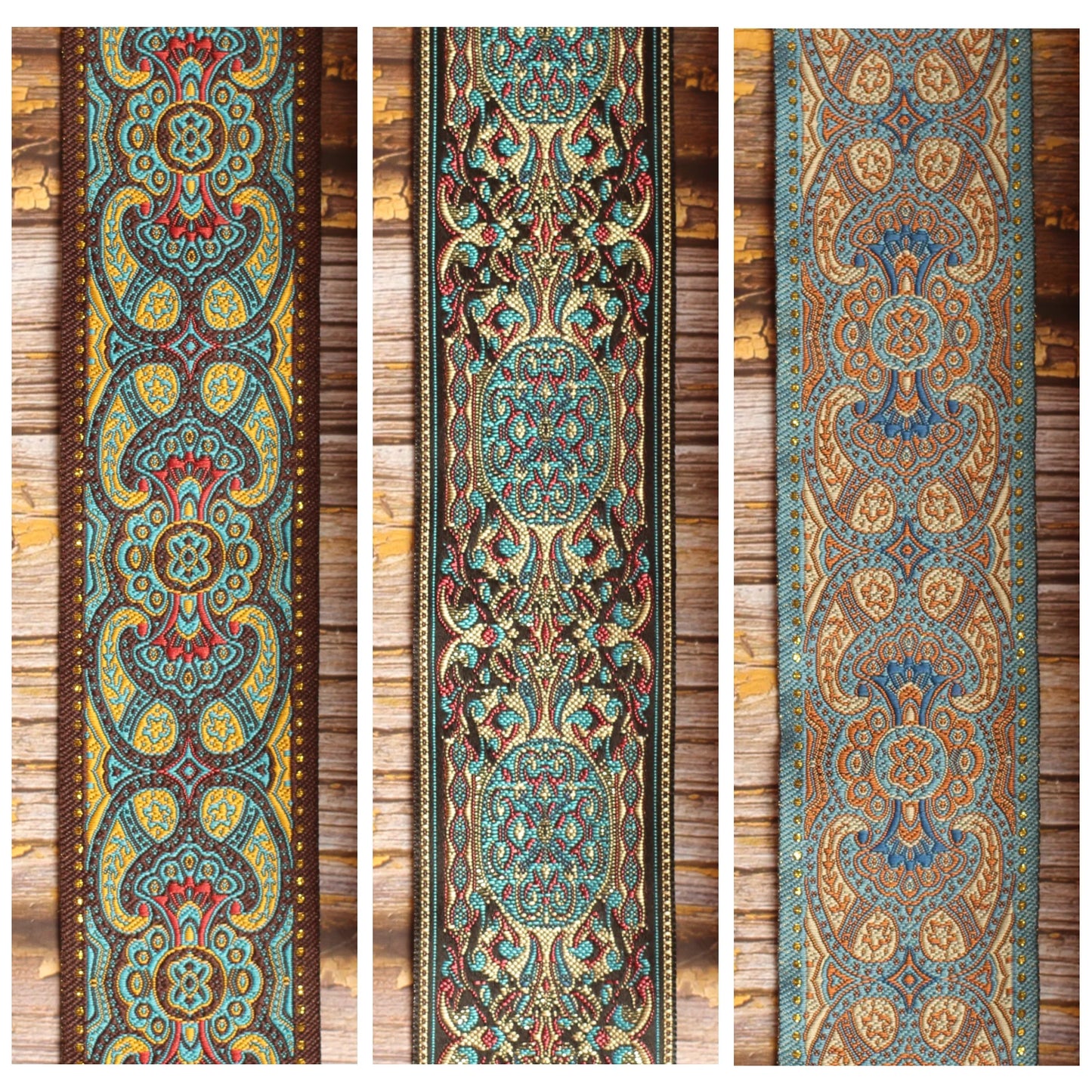 Three Azure Rhapsody guitar strap designs shown together: Blue Lake, Blue Garden and Blusie.