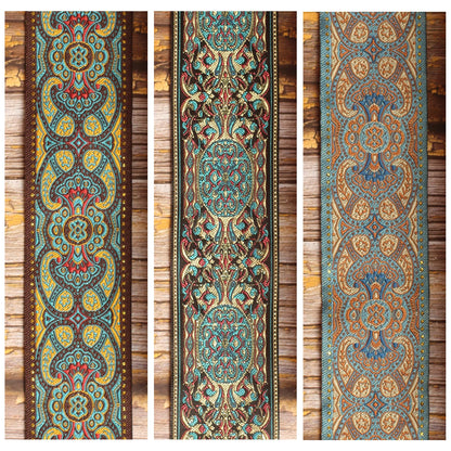 Three Azure Rhapsody guitar strap designs shown together: Blue Lake, Blue Garden and Blusie.