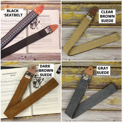 Backing options: customize the back part of your guitar strap, choose black seatbelt, or suede backing (clear brown, dark brown, or gray)