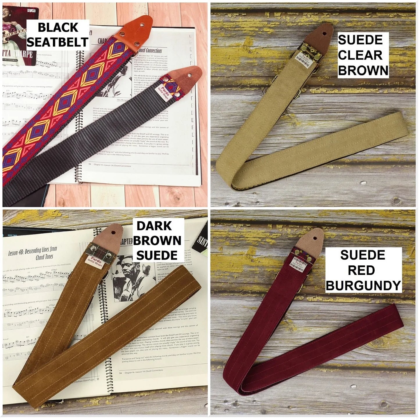 Select the backing material and color: black seatbelt, clear brown suede, dark brown suede or red burgundy suede.
