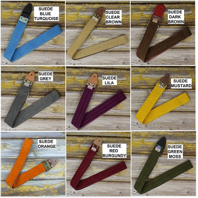 Nine suede backing color options available for customizing Pardo guitar straps.