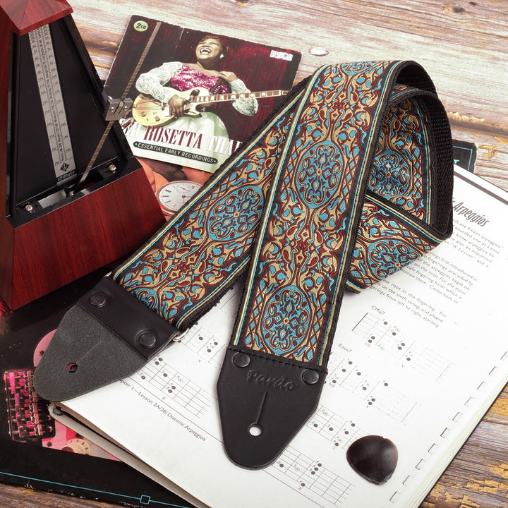 Gift for guitarists and bass players. Guitar strap with blue colors, hippie pattern and extra wide