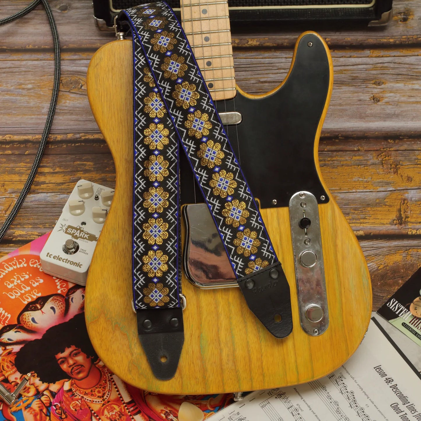 Black and gold boho floral long guitar strap elegant jacquard pattern