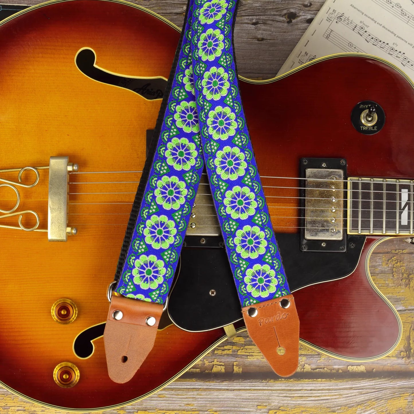 Blue boho floral long guitar strap vintage jacquard fabric