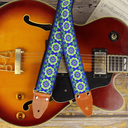 Blue boho floral long guitar strap vintage jacquard fabric