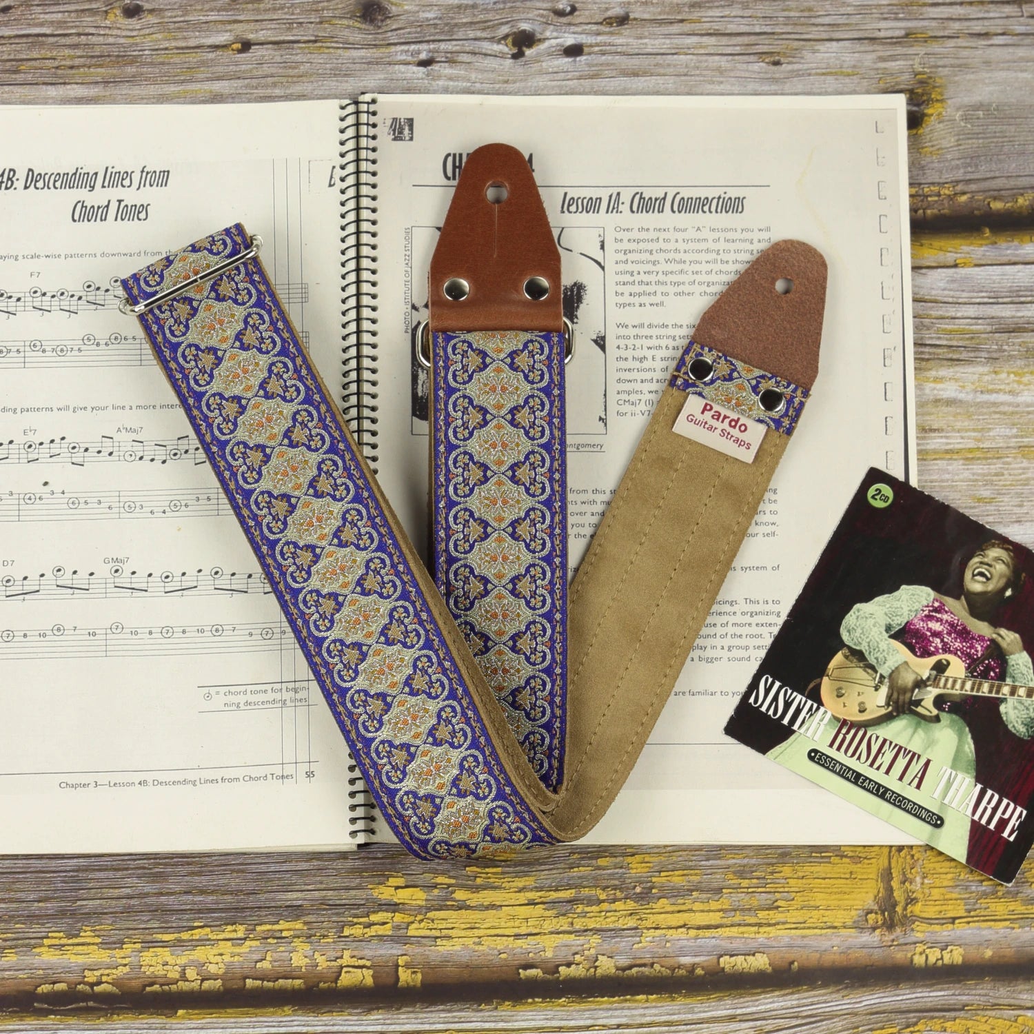 Front and rear views of the Blue Gothian guitar strap showing its detailed jacquard fabric and Clear Brown suede backing.