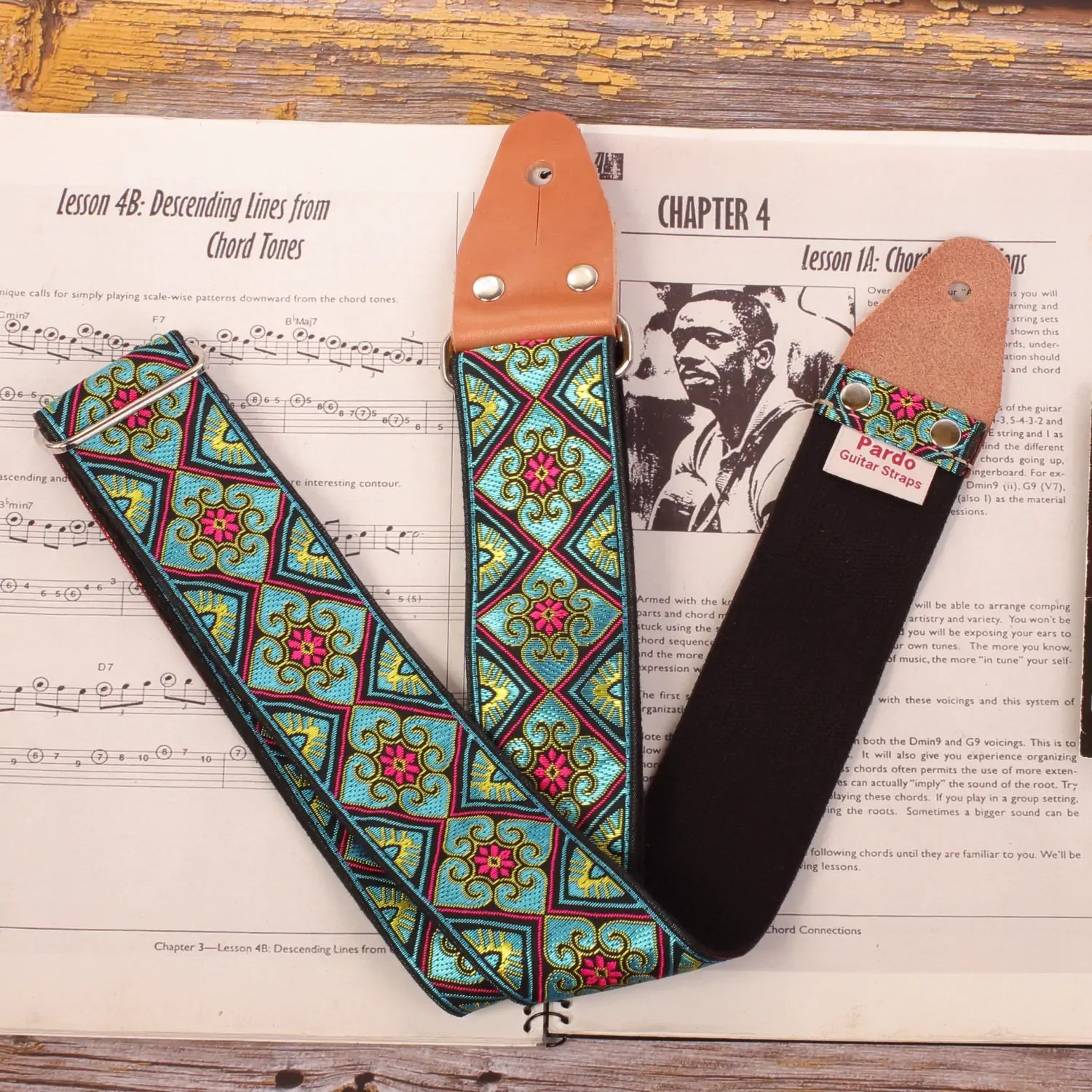 Guitar strap made with a woven jacquard fabric with color blue and small red flowers