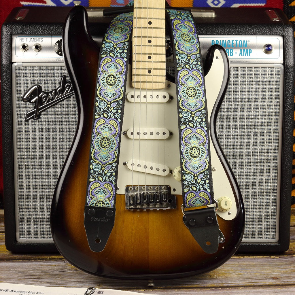 Blue paisley guitar strap - Pardo guitar straps paired with a fender stratocaster and a princeton reverb amp