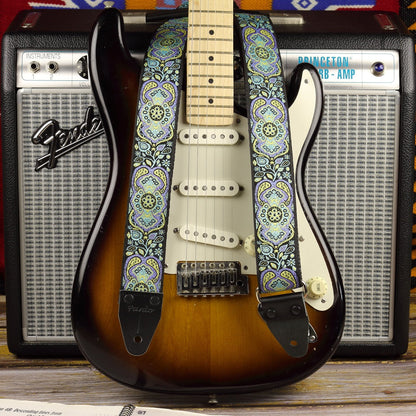 Blue paisley guitar strap - Pardo guitar straps paired with a fender stratocaster and a princeton reverb amp