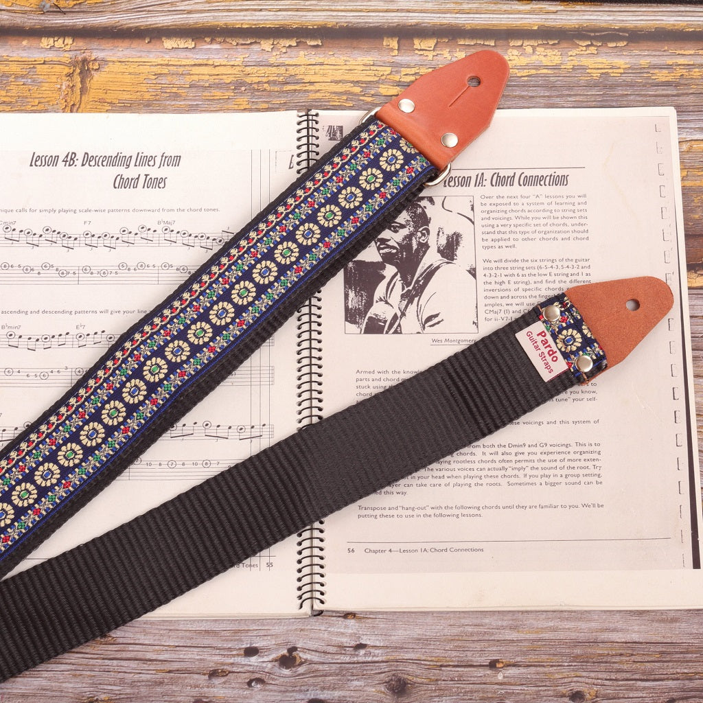 Back view of Blue Reverie guitar strap showing strong seatbelt material