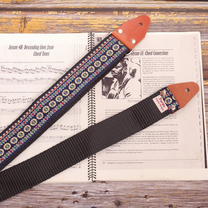 Back view of Blue Reverie guitar strap showing strong seatbelt material