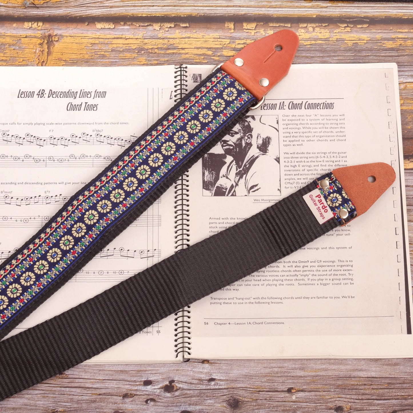 Blue Reverie floral guitar strap with backing black seatbelt