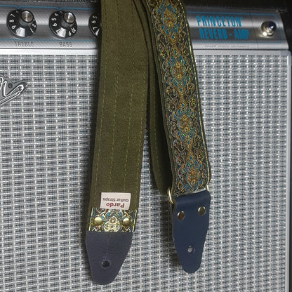 Blue hippie guitar strap backing suede