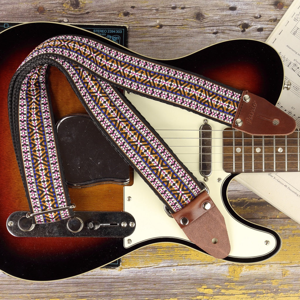 Bob Marley style guitar strap on a Fender Tele color sunburst