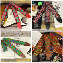 Boho floral long guitar straps in jacquard fabric Color Bloom series with multiple color variations