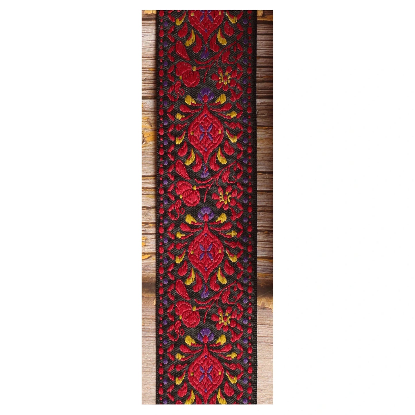 Burgundy Pheasant woven strap pattern with deep red, purple and golden details on a black background