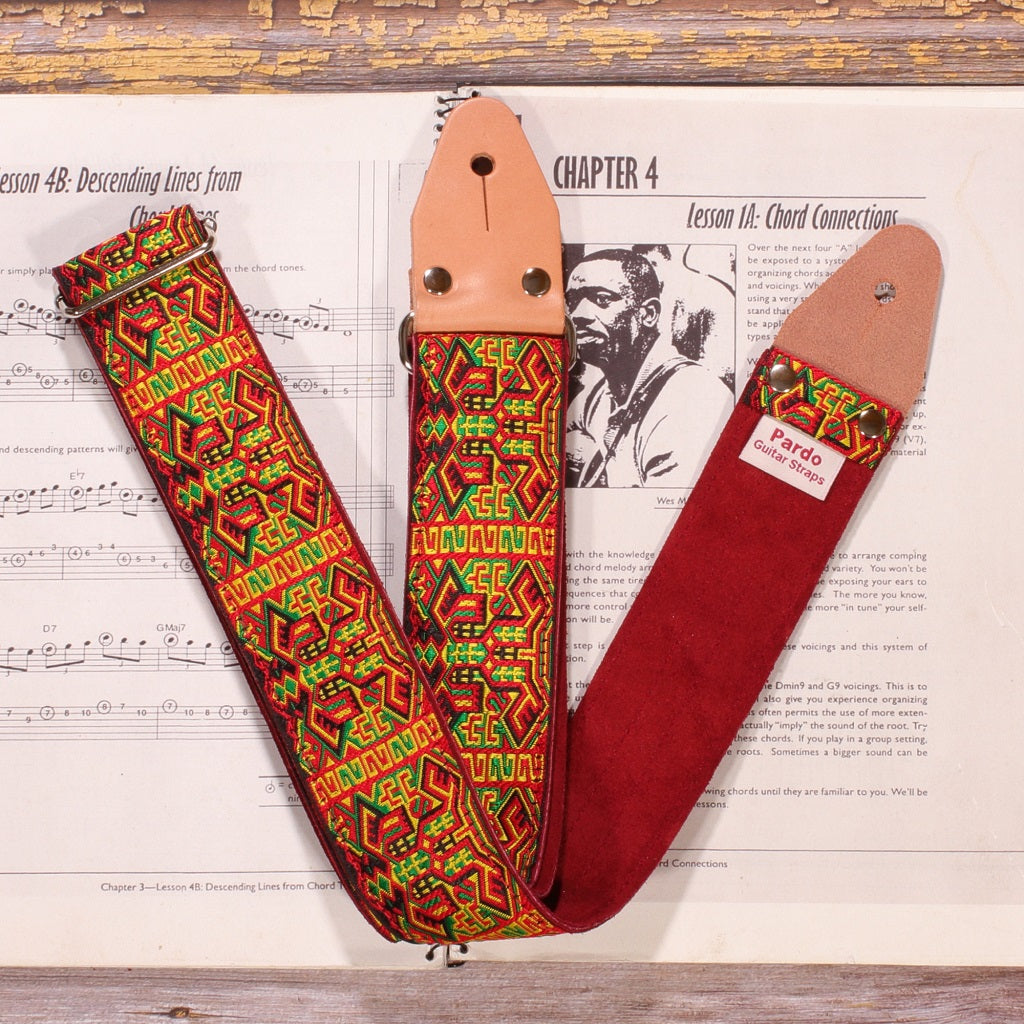 Guitar strap with retro pattern, colored and kaleidoscope pattern, premium strap with backing suede - Frontview