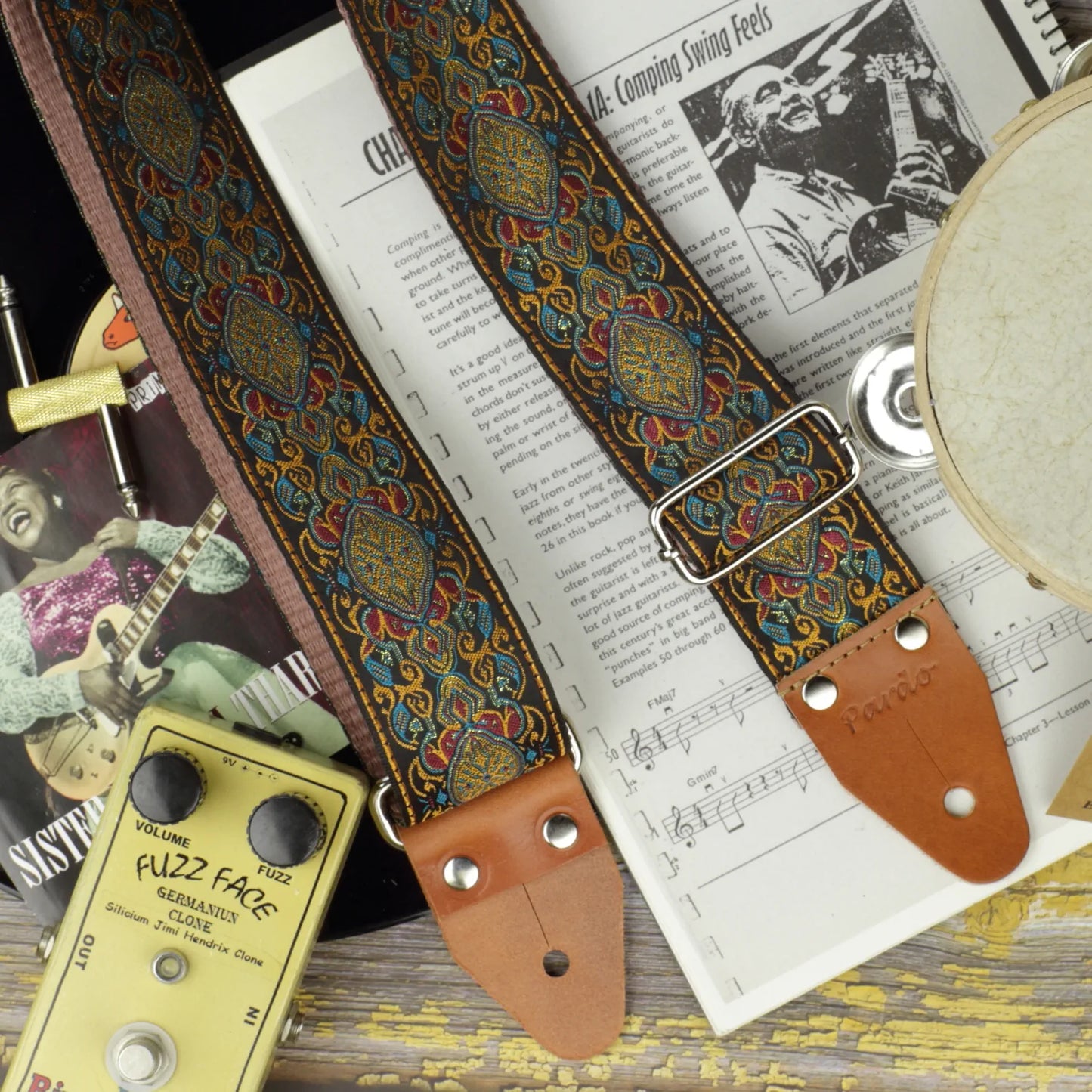 Crimson gold psychedelic long guitar strap in jacquard Old School XL Series