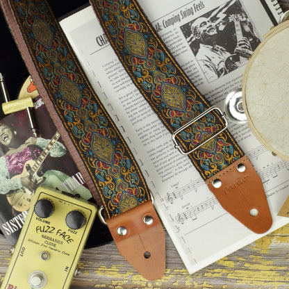 Crimson gold psychedelic long guitar strap in jacquard Old School XL Series