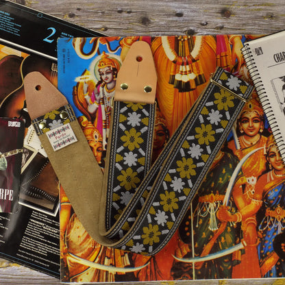 John Lennon Rooftop guitar strap replica with mustard yellow floral pattern and soft suede customizable backing.