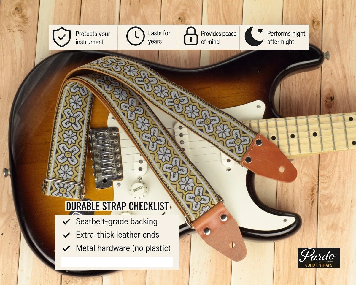 Durable guitar strap with jacquard fabric, seatbelt backing and thick leather ends explained