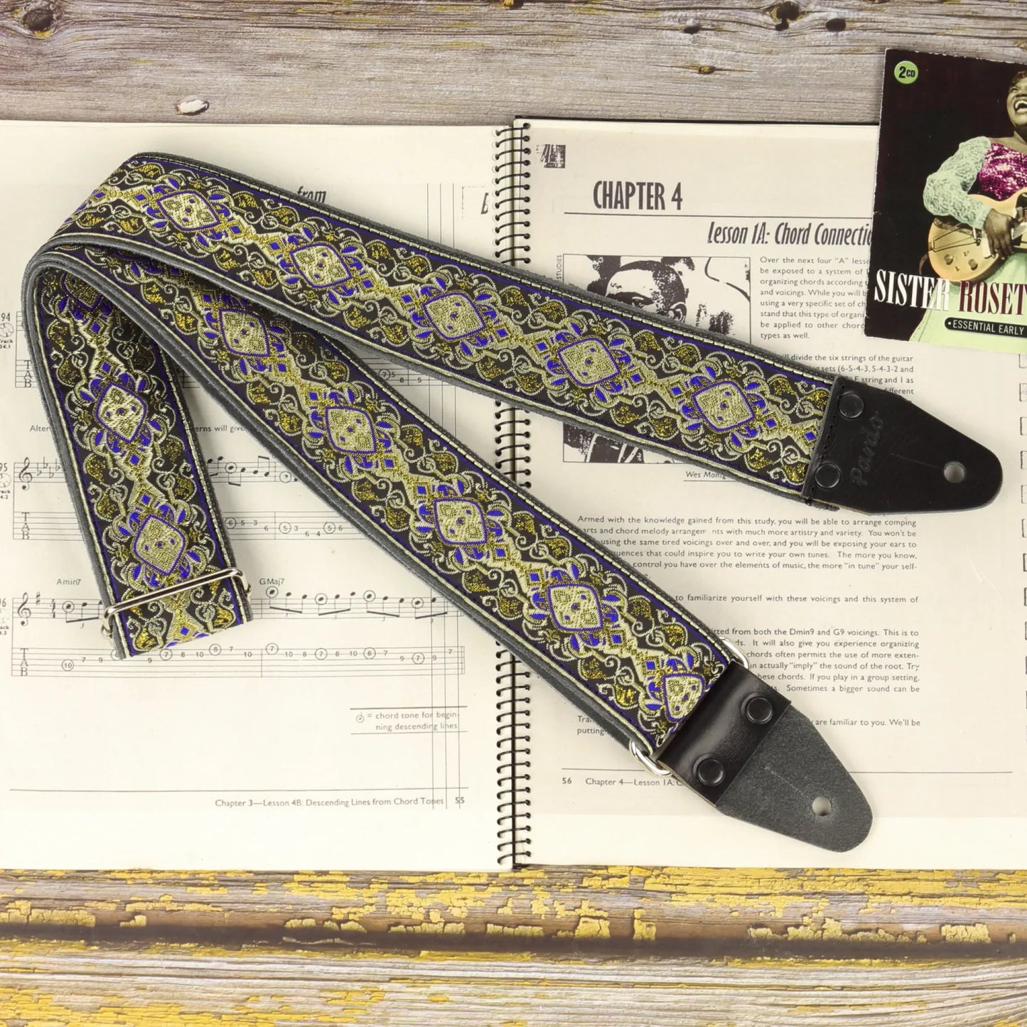 Electric blue gold vintage psychedelic long guitar strap in jacquard Old School XL Series