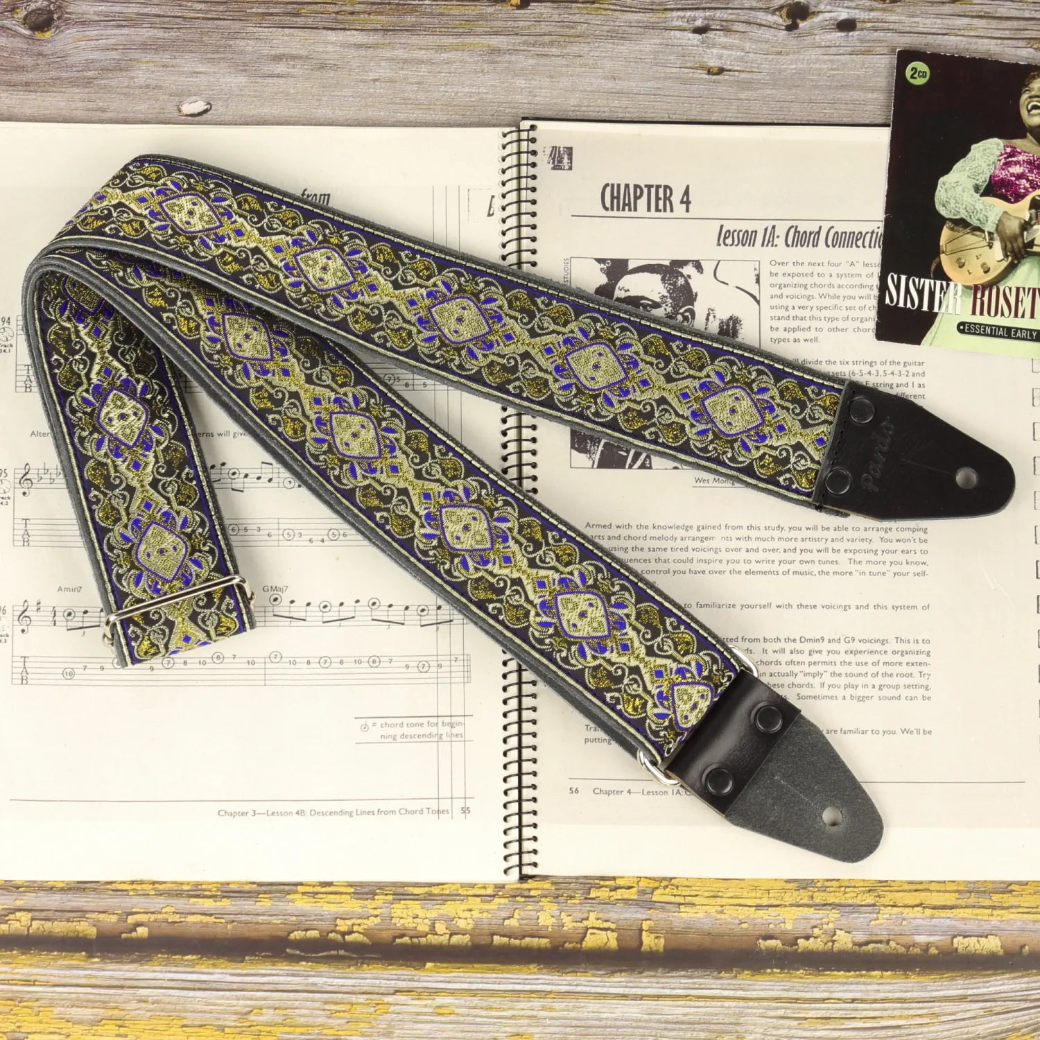 Electric blue gold vintage psychedelic long guitar strap in jacquard Old School XL Series