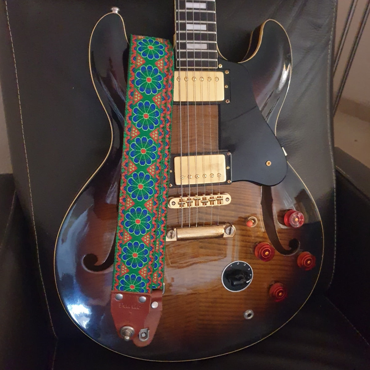 1982 Aria Pro II guitar made in Japan at the Matsumoku factory, paired with a Green Meadow Pardo guitar strap