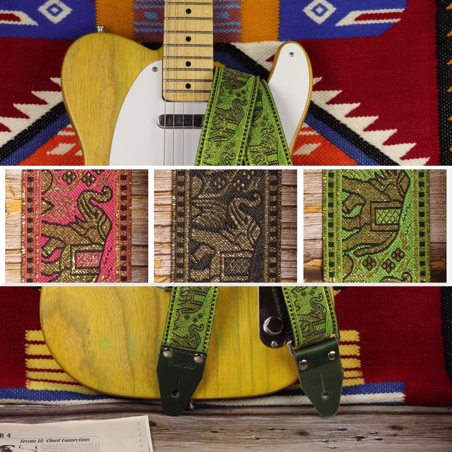 Elephants guitar strap collection in three colors, featuring the Green and Gold version on a Fender Telecaster '52