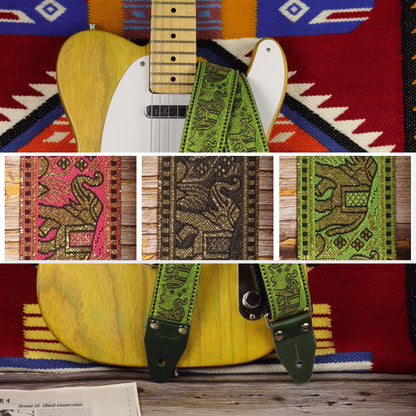 Elephants guitar strap collection in three colors, featuring the Green and Gold version on a Fender Telecaster '52