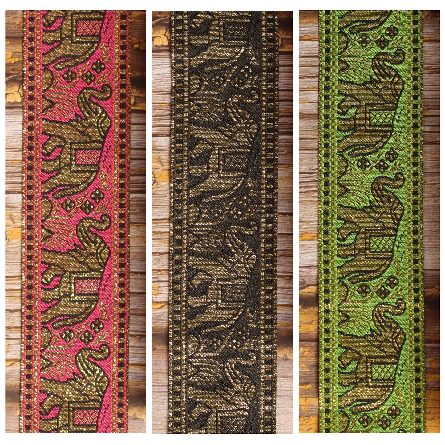 Elephants guitar strap shown in Pink & Gold, Black & Gold and Green & Gold jacquard variations