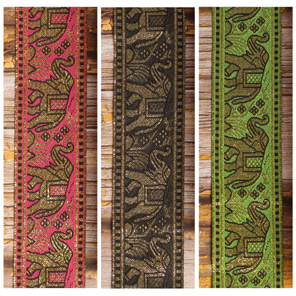 Elephants guitar strap shown in Pink & Gold, Black & Gold and Green & Gold jacquard variations