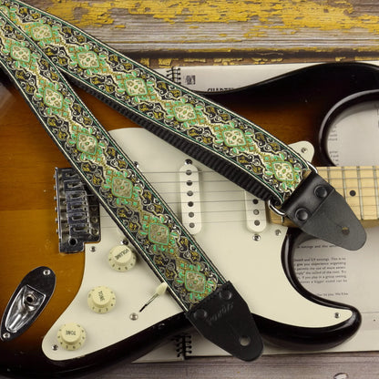 Emerald gold psychedelic long guitar strap in jacquard Old School XL Series