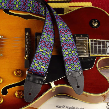 Eric Johnson Blue Monterey guitar strap, Hendrix-inspired 1960s Ace-style design - paired with a L5 Gibson style guitar