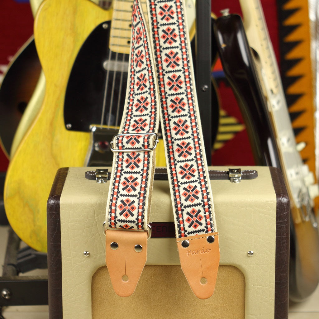 70 inch long - Ethnic guitar strap with embroidered red white colors