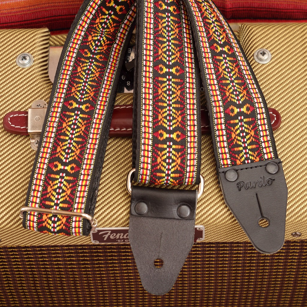 Handcrafted guitar strap with Hootennany pattern