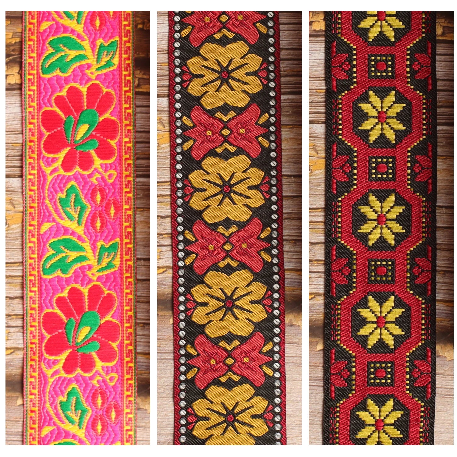 Flower Power Trio guitar strap shown in three distinctive woven designs: Summer Muse, Retro Bell and Mod Frame.