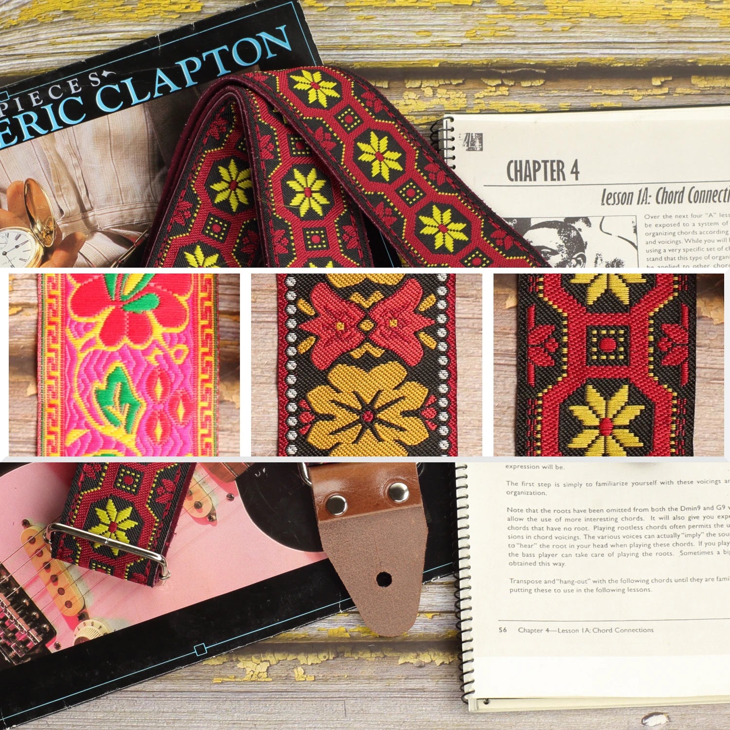 Flower Power Trio collection showing the Summer Muse, Retro Bell and Mod Frame woven guitar strap designs side by side.