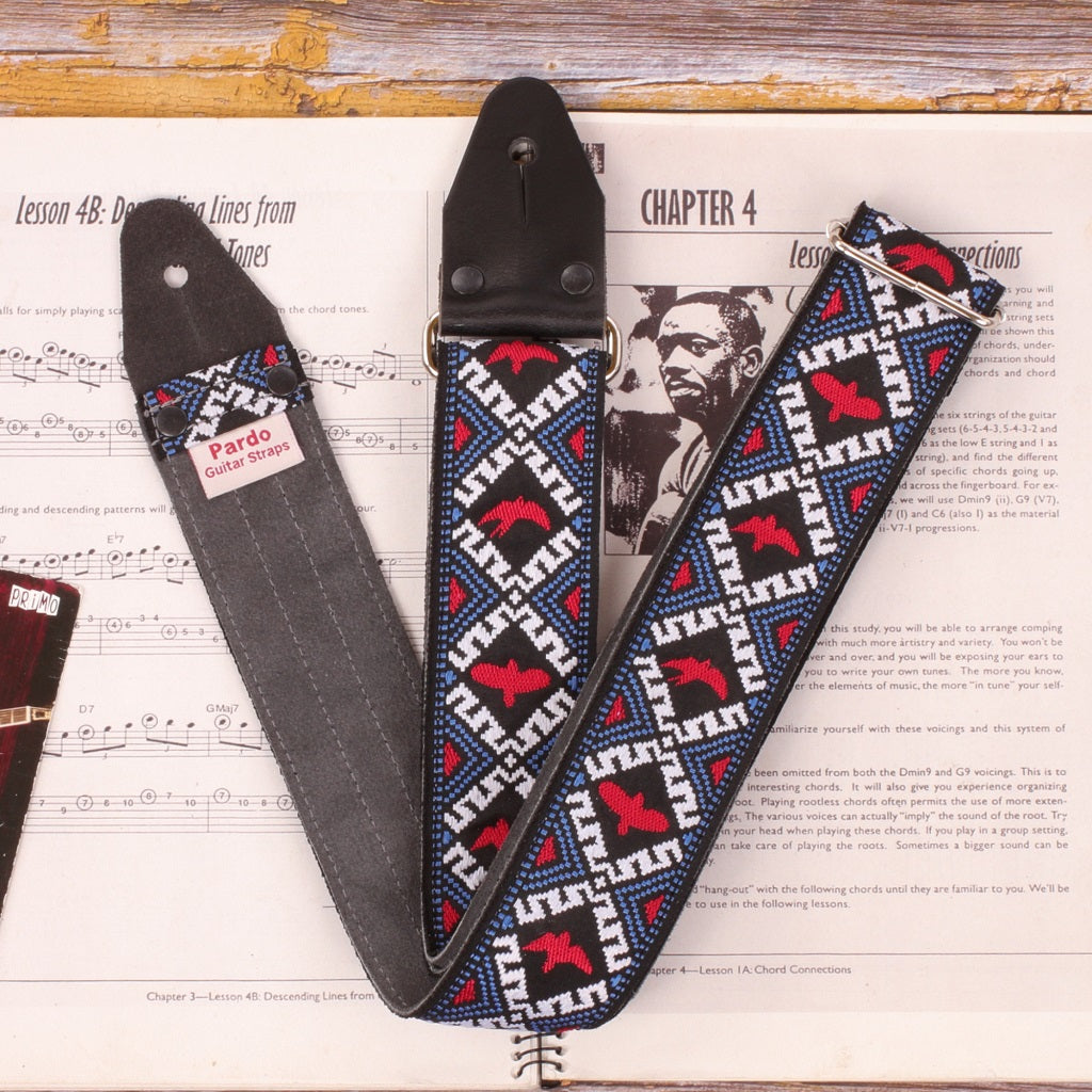 front view guitar strap with birds - red and blue colors -backing grey suede