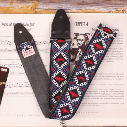 front view guitar strap with birds - red and blue colors -backing grey suede