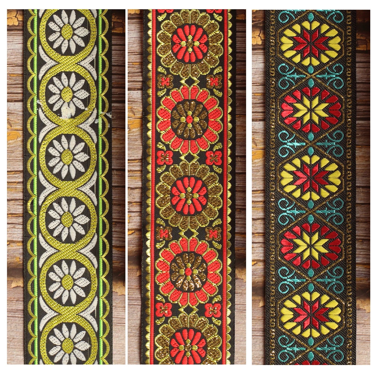 Garden Trio guitar strap shown in three distinctive woven designs: Midnight Carnival, Meadow Echo and Amber Parade.