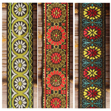 Garden Trio guitar strap shown in three distinctive woven designs: Big Flow, Green Moss and  Orange Glow.