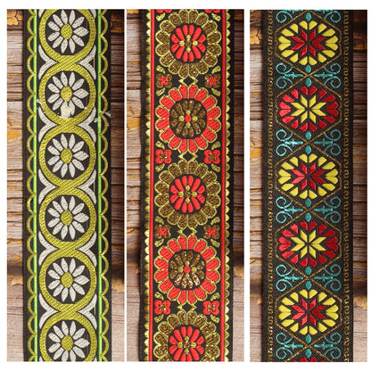 Garden Trio guitar strap shown in three distinctive woven designs: Midnight Carnival, Meadow Echo and Amber Parade.