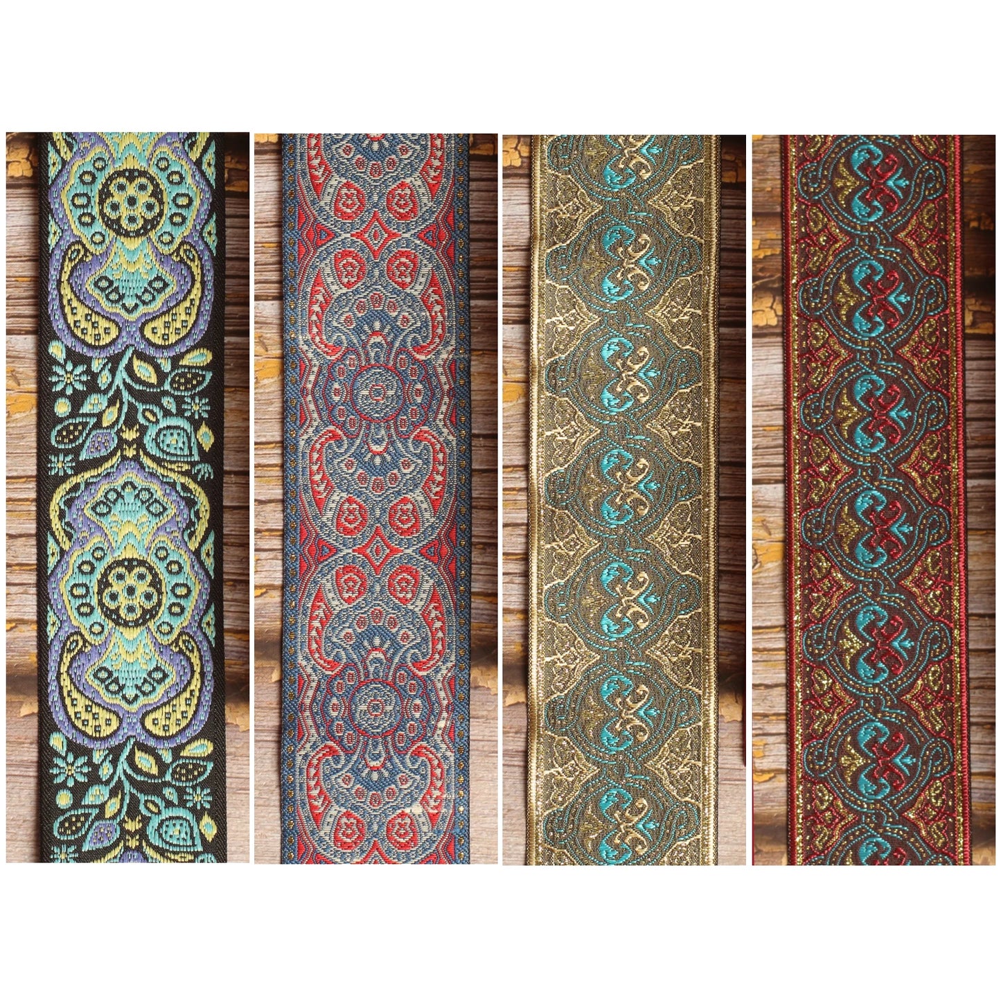 Four Gilded Orbit guitar strap designs shown together: Blue Paisley, Efrit, Dune and Pilgrim.