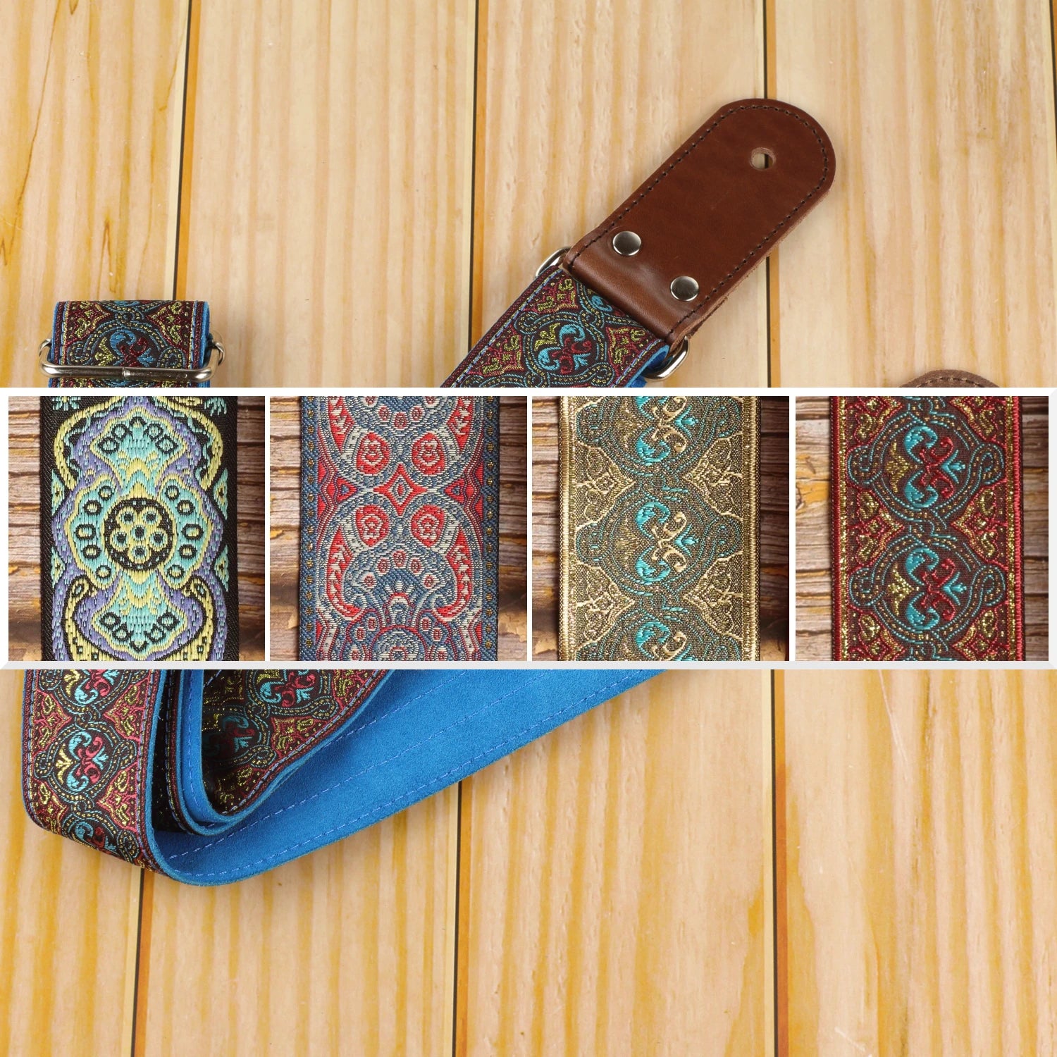Pilgrim guitar strap featured alongside a collage showing the four Gilded Orbit designs: Blue Paisley, Efrit, Dune and Pilgrim.