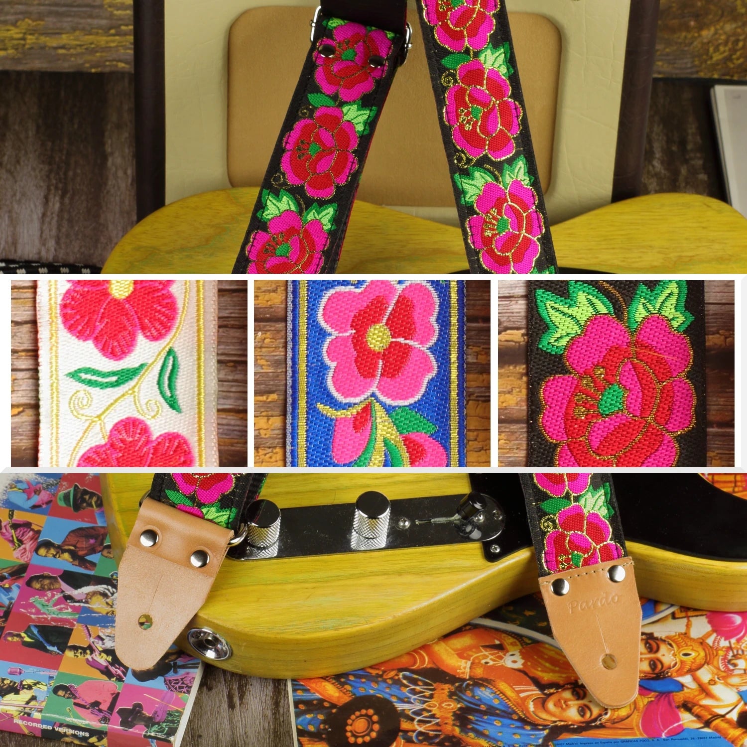 Midnight Cameo guitar strap featured alongside a collage showing the three available Grand Petal designs.