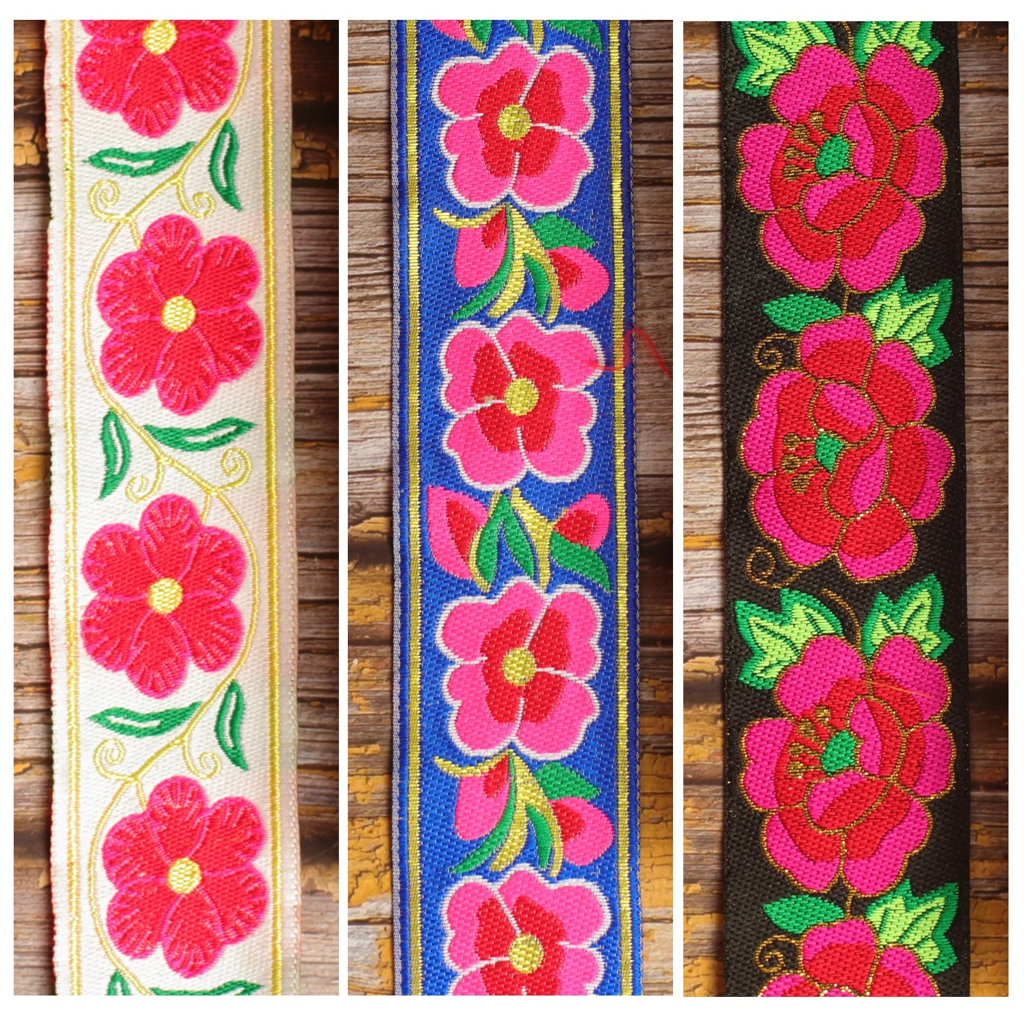 Three Grand Petal guitar strap designs shown together: Ivory Garland, Blue Serenade and Midnight Cameo.