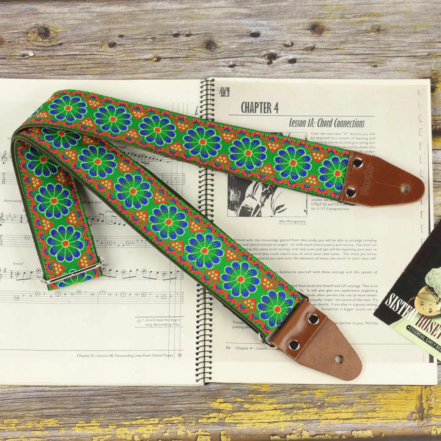 Green boho floral long guitar strap hippie jacquard design