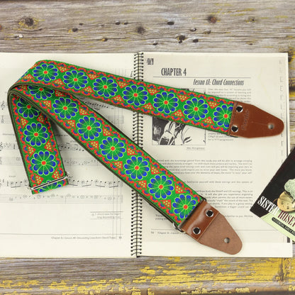 Green boho floral long guitar strap hippie jacquard design